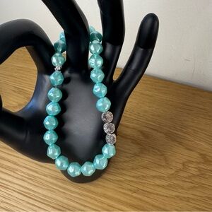 Vintage Elastic Beaded Bracelet Green Metal Silver Plated Carved Lentil